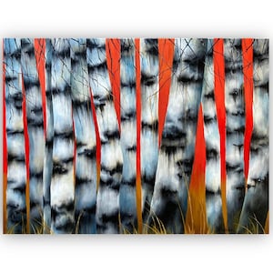 Bouleaux sur rouge, peinture sur toile, 60 x 80 cm, décoration murale, tableau bouleaux, pièce unique, tableau original bouleaux