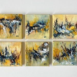 Mini-tableau, Variation abstraite sur jaune III, peinture sur toile, 7 x 7 cm, mini tableau, peinture abstraite, décoration murale, pièce unique