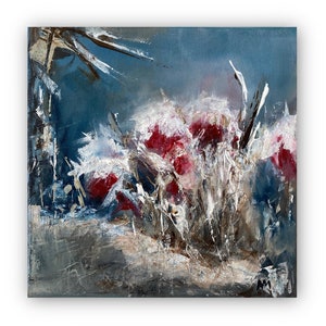 Motif hivernal baies III, peinture sur toile, 20 x 20 cm, mini tableau, unique, peinture abstraite, paysage, tableau de Noël, décoration murale