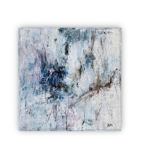Petit Abstrait I, peinture sur toile, 20 x 20 cm, mini tableau, tableau abstrait, bleu sur blanc, décoration murale, pièce unique