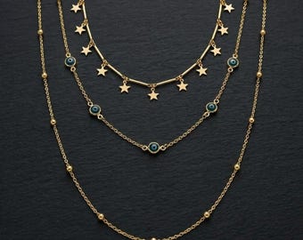 Gold Evil Eye Star Necklace, Long Triple Chain