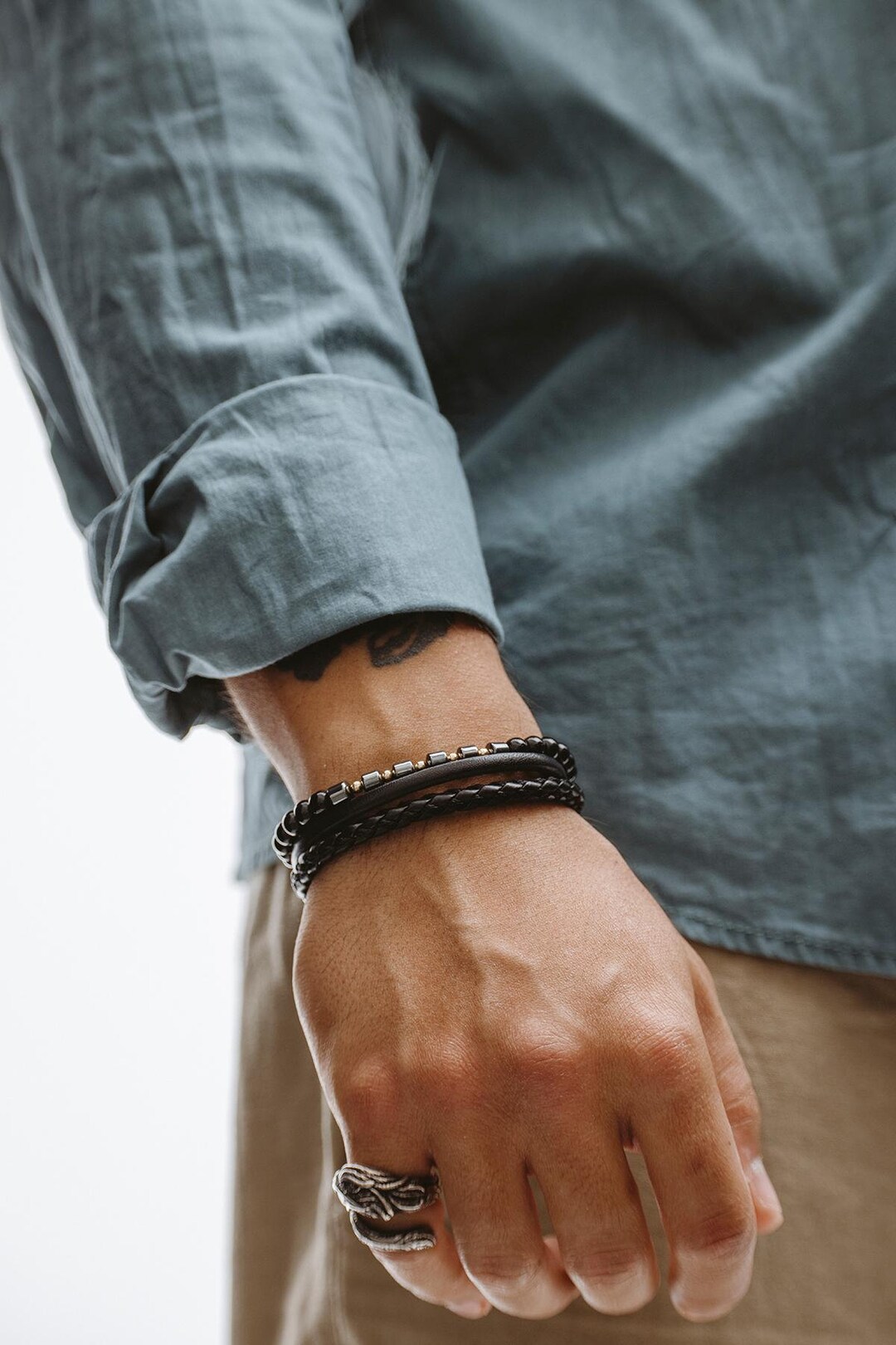 Genuine Leather Striped Corded Black Pipe Woven Hematite Bracelet - Etsy Türkiye