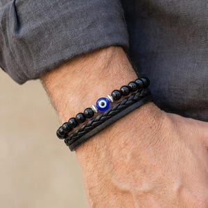 Handmade Evil Eye Cuff for Men, Black Leather Braided Wristband, Protection Bead Charm Jewelry, Spiritual Gift for Boyfriend Dad Husband