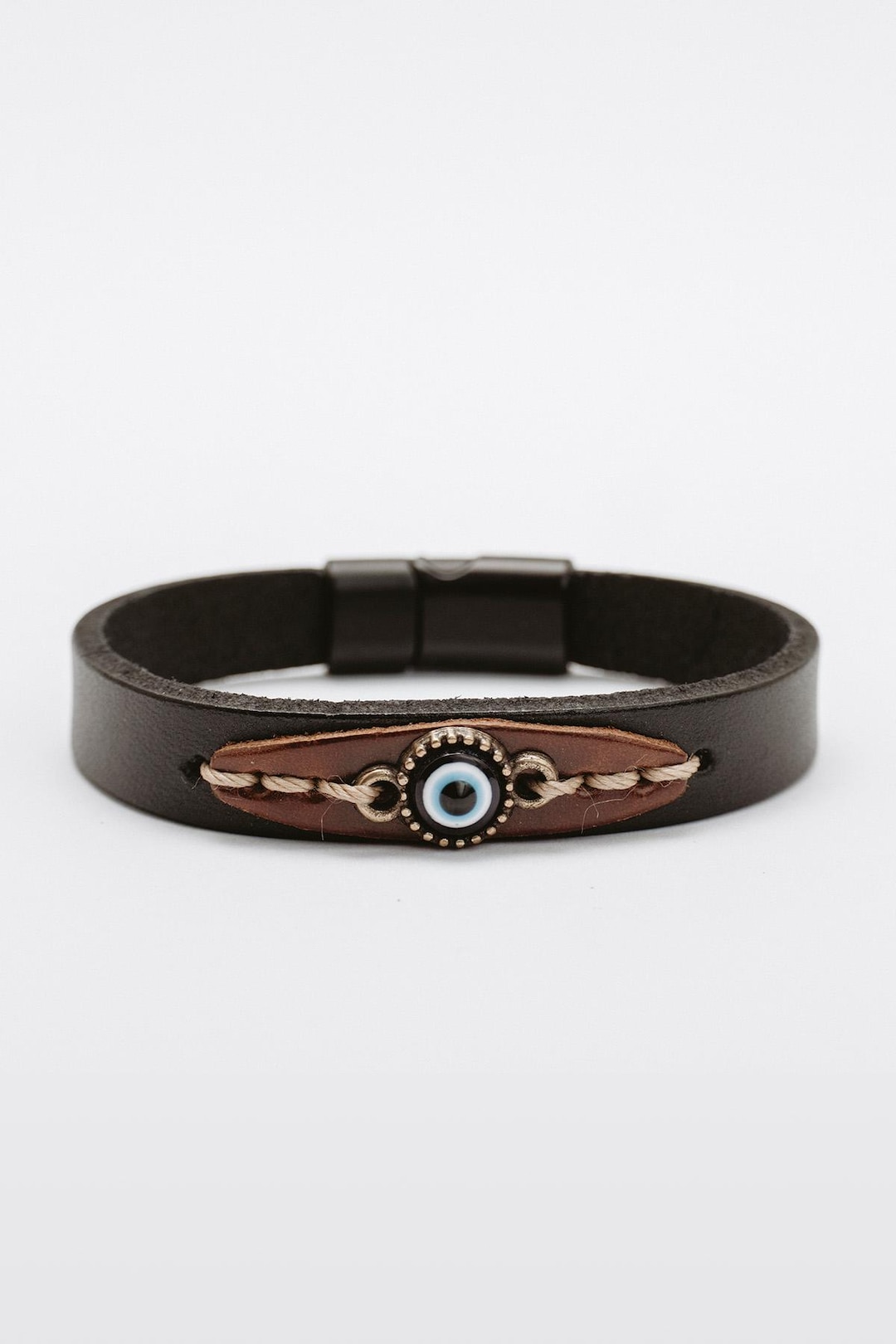 Black Genuine Leather Bracelet With Tan Accent Evil Eye Charm Handmade - Etsy Türkiye