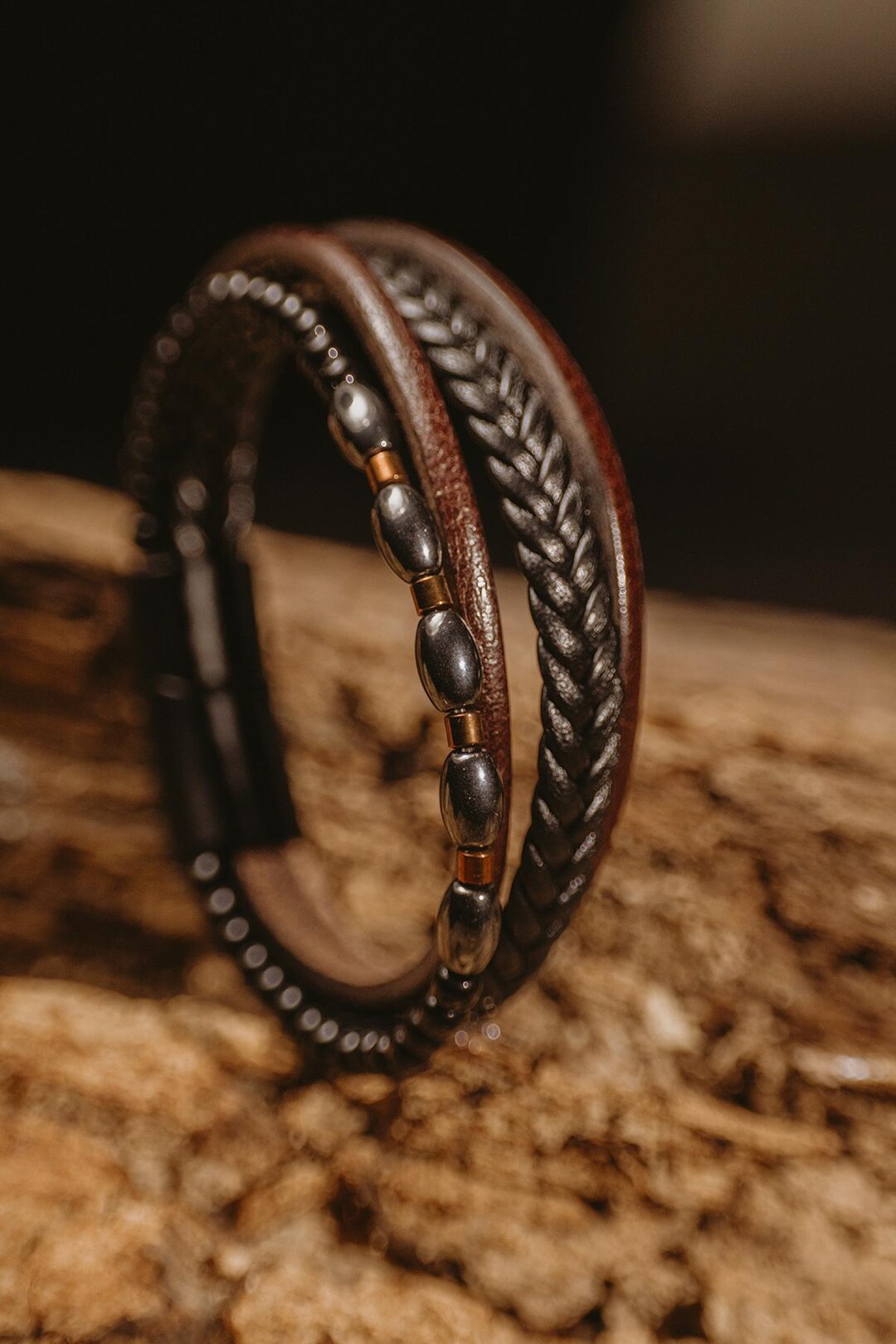 Men’s Leather Bracelet With Hematite Beads – Handmade Multi-layer Braided Design, Magnetic Clasp - Etsy Türkiye