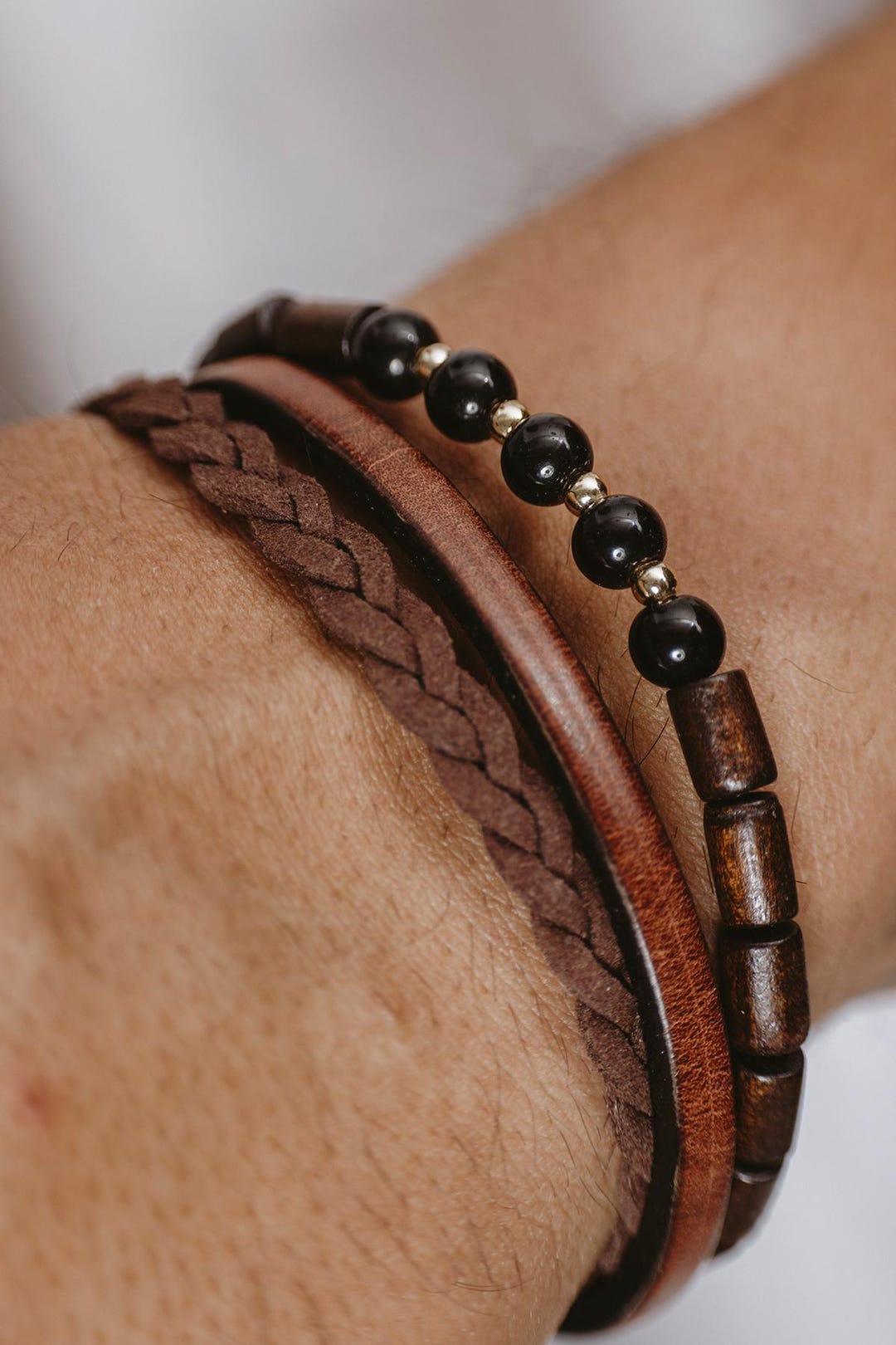 Genuine Leather Tan Striped Suede Braided Bracelet With Oval Wood Accent - Etsy Türkiye