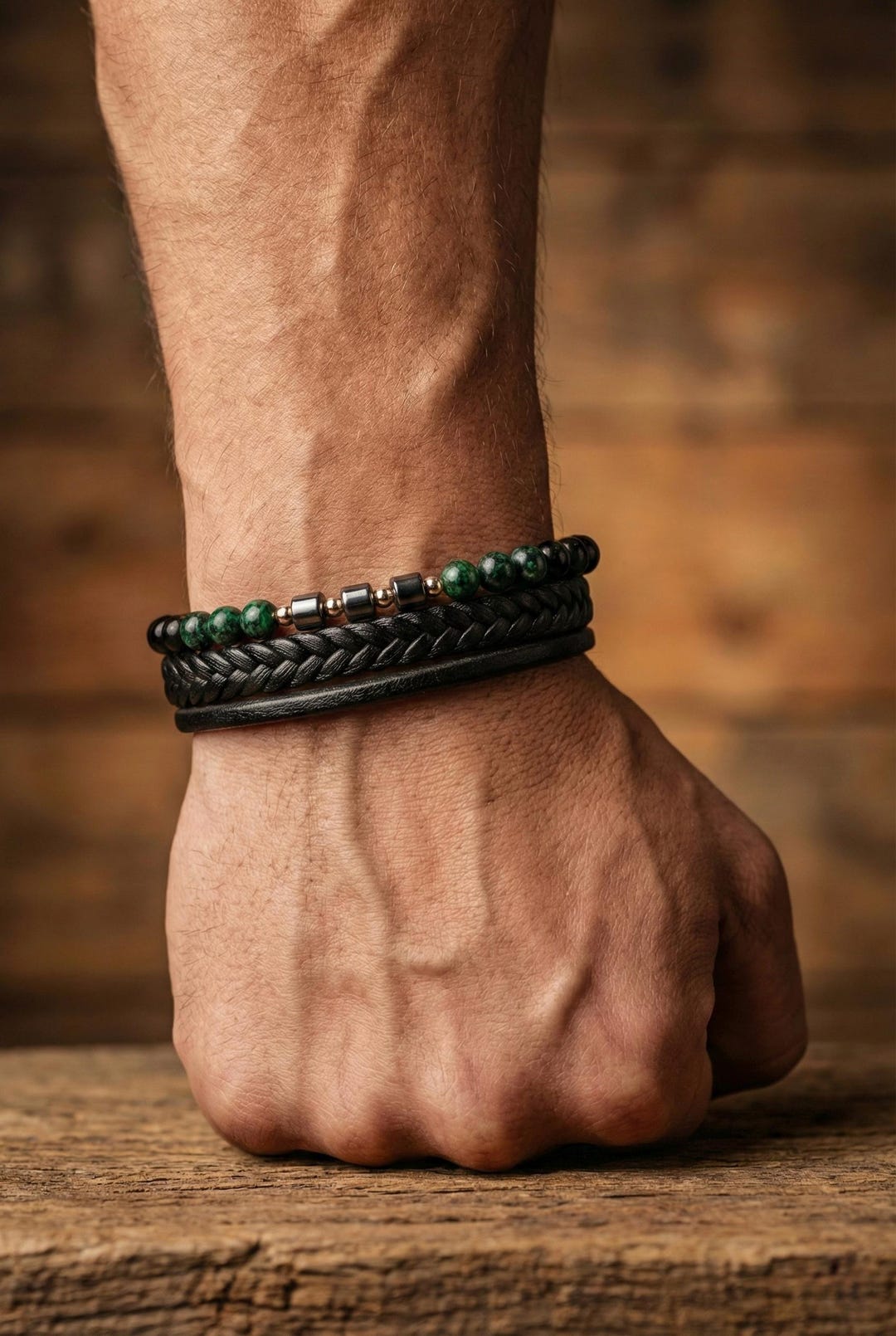 Men's Black Leather Bracelet With Green Jade & Hematite – Layered Boho Beaded Bracelet Gift - Etsy Türkiye