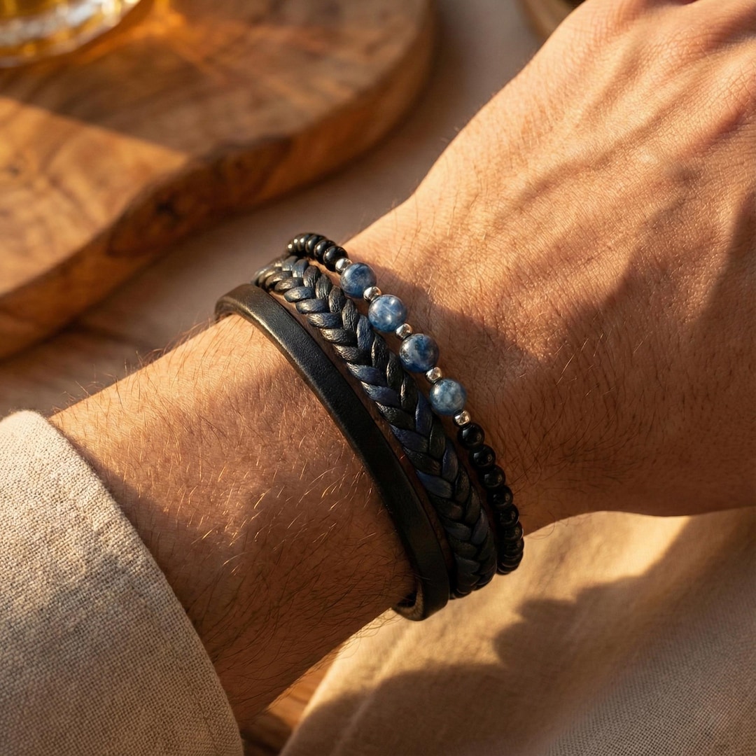 Men’s Leather Bracelet With Blue Beads – Multi Layer Braided Design, Magnetic Clasp - Etsy Türkiye