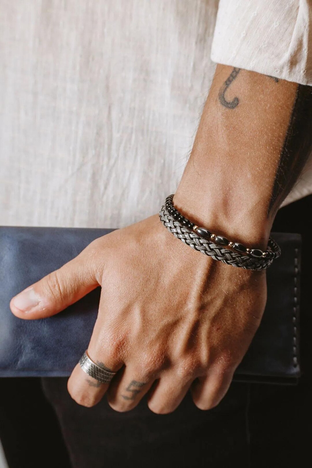 Hematite & Matte Onyx Beaded Bracelet: Men's Two-strand Stone Jewelry - Etsy Türkiye