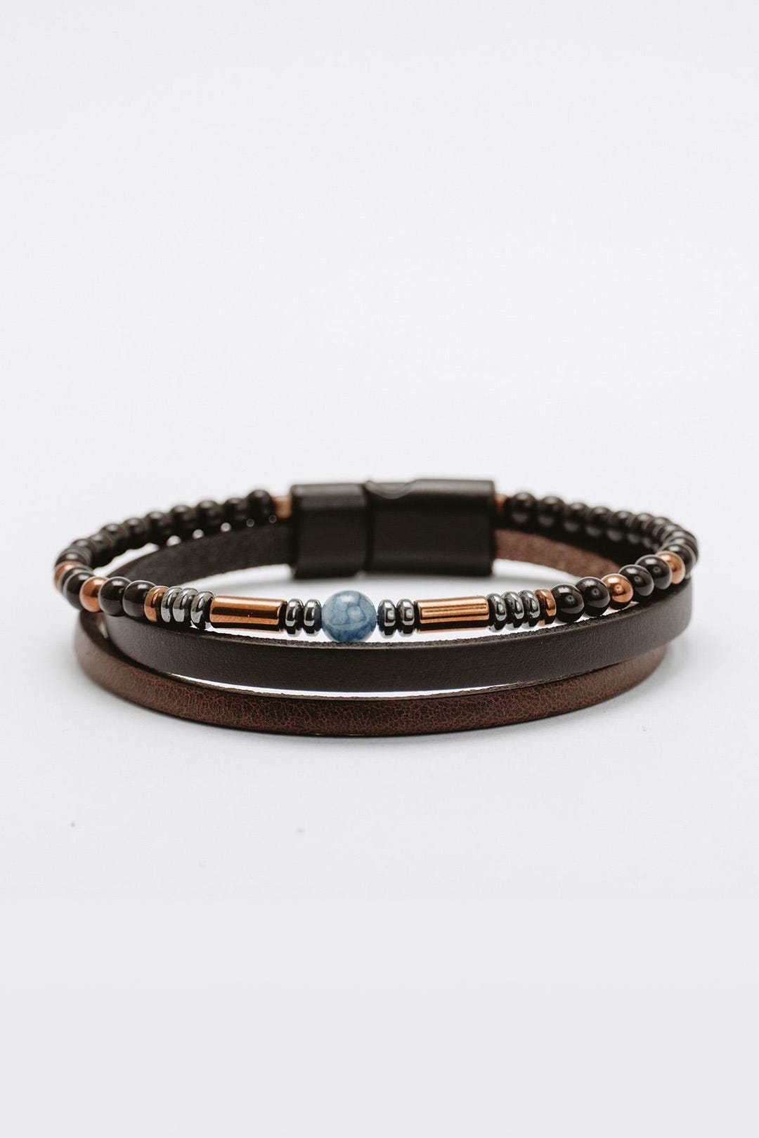 Men's Layered Leather Bracelet: Blue Stone Accent, Magnetic Clasp - Etsy Türkiye