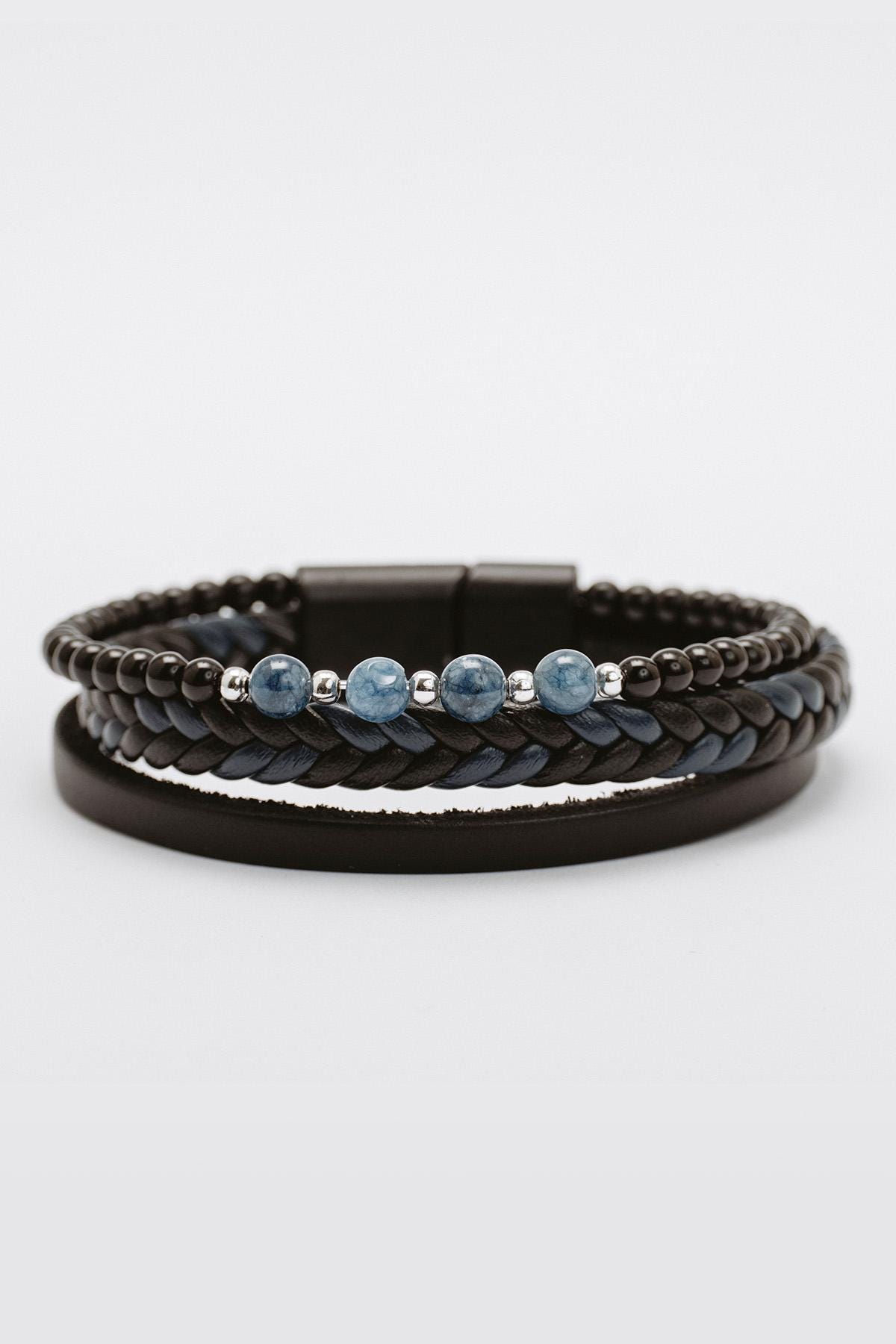 Jewbelet Leather Bracelet For Men With Stainless Steel Clasp - Braided Leather & Blue Agate Bead Bracelet, Gift For Men - View #9