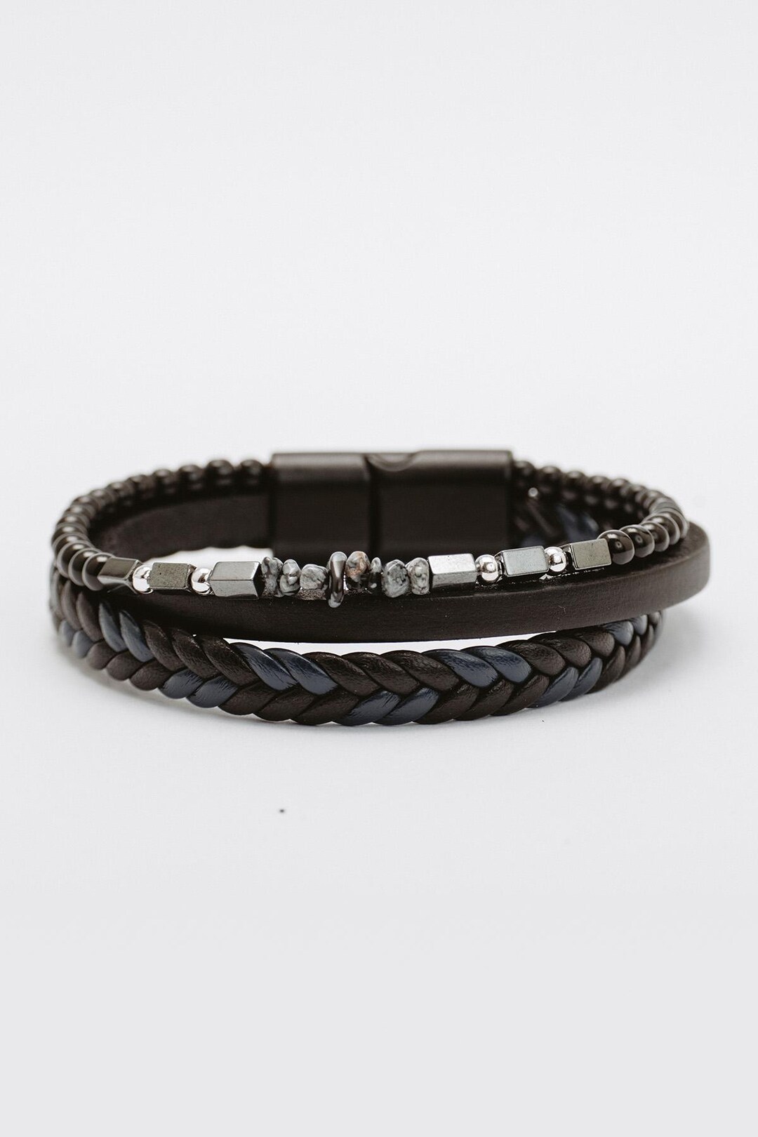 Men's Braided Leather Bracelet: Hematite & Black Beads, Magnetic Clasp - Etsy Türkiye