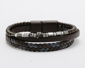 Men's Braided Leather Bracelet: Hematite & Black Beads, Magnetic Clasp