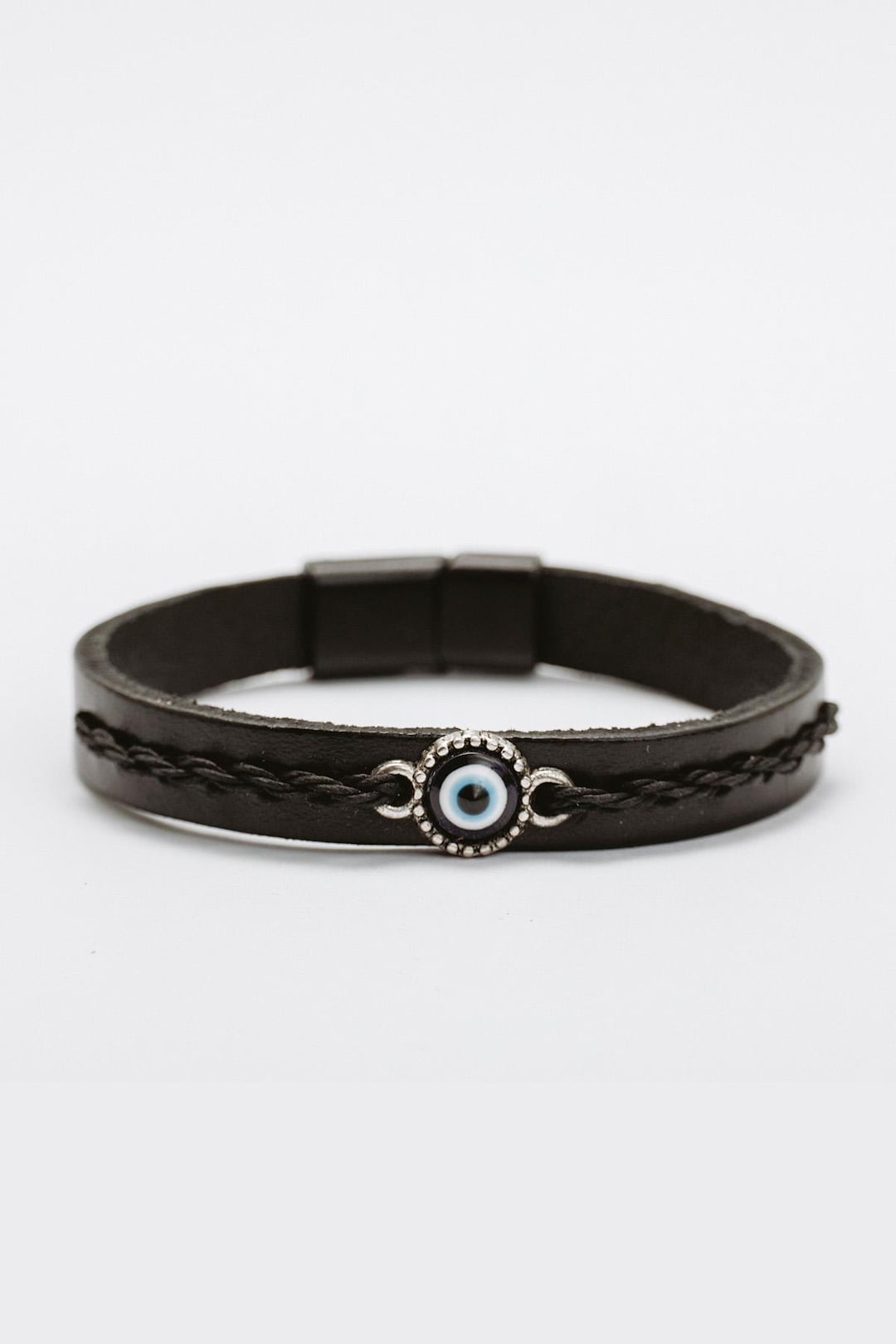 Genuine Leather Black Hand-stitched Bracelet With Evil Eye Bead - Etsy Türkiye