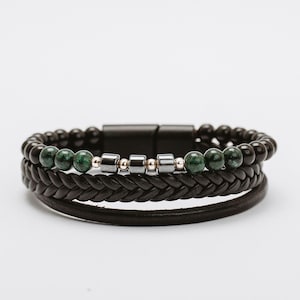 Zwarte leren herenarmband met groene jade en hematiet – gelaagde boho-kralenarmband cadeau