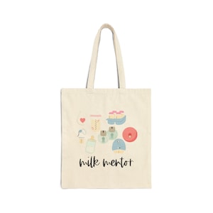 Könnte beinhalten: Eine beige Tragetasche mit einem Design aus Babyflaschen, einem Herzen und anderen Babyartikeln. Der Text "milk mentor" ist auf die Tasche gedruckt.