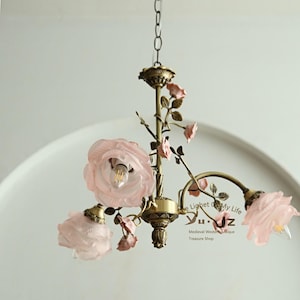 Pink Rose Chandelier: French Cottagecore Floral Ceiling Light