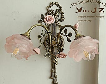 French-Style Wall Sconce: Antique Brass, Pink Ceramic Roses & Glass Shade