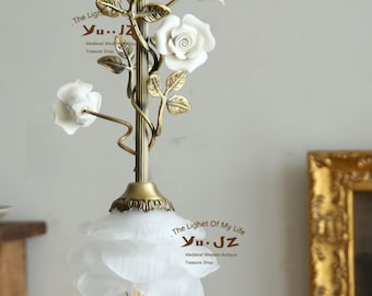 Vintage French Floral Pendant Light: Brass, Pink Glass Shade