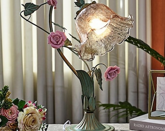Vintage Floral Table Lamp: Rose Accents, Shabby Chic Bedside Light