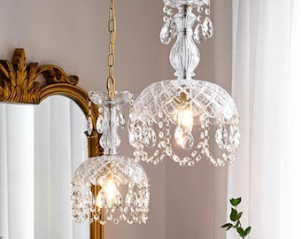 Handmade Vintage Crystal Chandelier with water-shape drops,Auntique pendant light with glass details,Unique home lighting decor for bedside