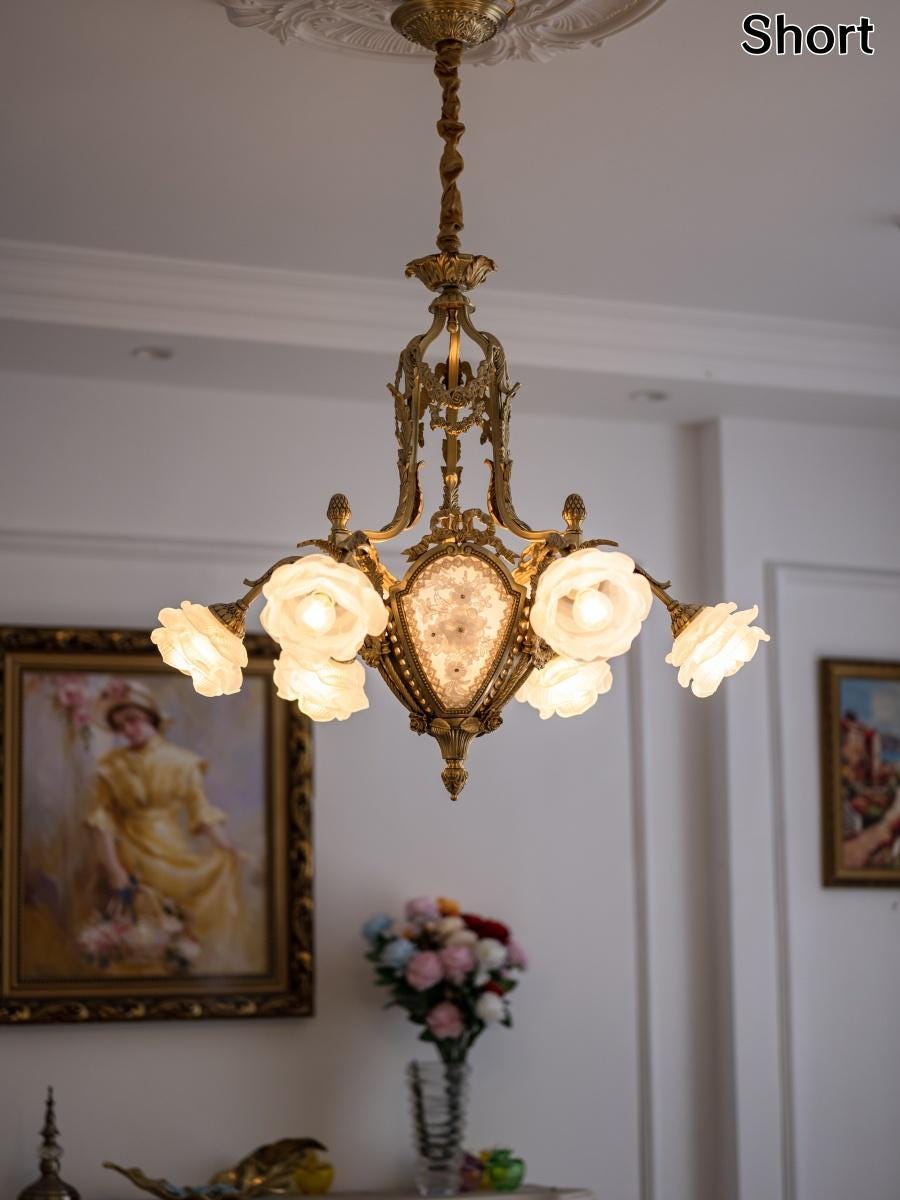 Vintage French Gold Chandelier: Rose Glass Shade, Ornate Hanging