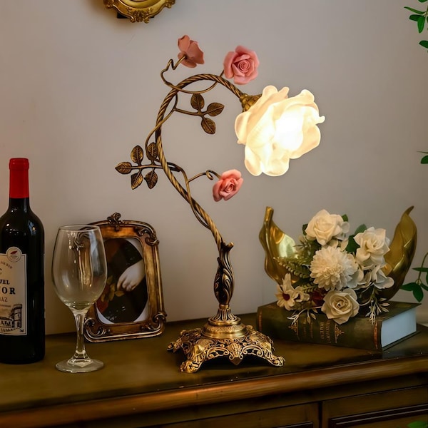 Vintage Rose Table Lamp: Victorian Floral Glass Shade