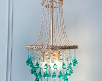Vintage bärnstensfärgad tårformad ljuskrona: Hängande lampa i glas med pärlor