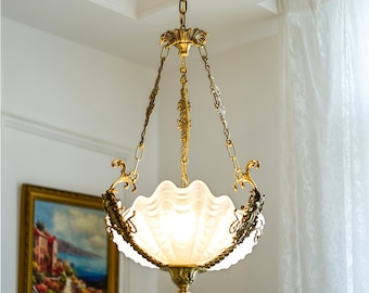 Vintage-Inspired Brass Chandelier - Frosted Scalloped Glass Shade, French Style