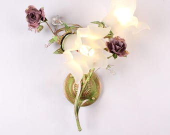 Vintage Floral Wall Sconce: Frosted Glass Shade, Purple Rose Accent