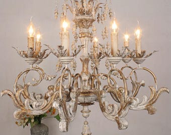 Vintage French Country Chandelier, Distressed White Candle Light, Shabby Chic Lighting