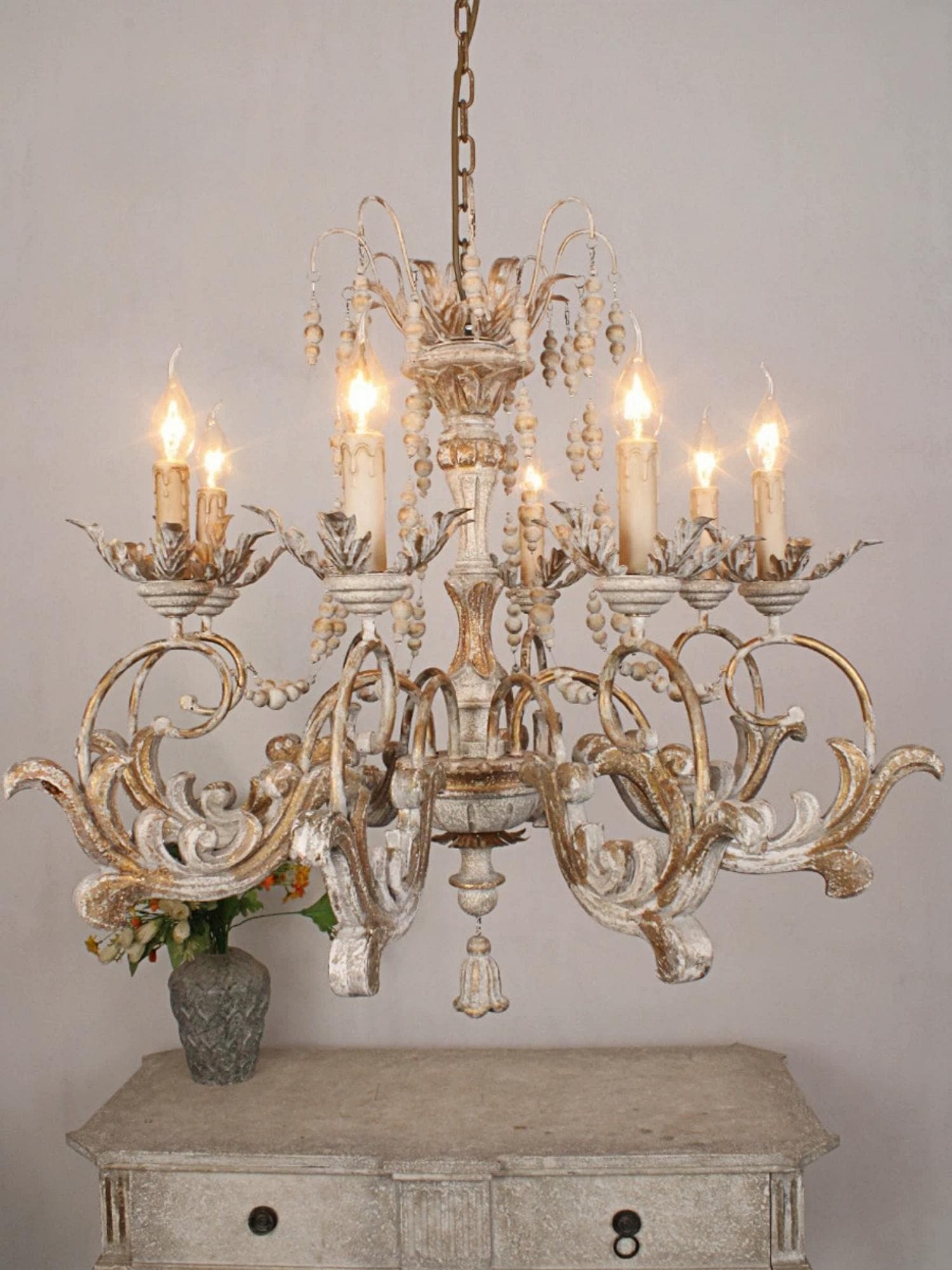 ヴィンテージフレンチカントリーシャンデリア、アンティークホワイト