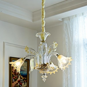 Vintage Murano Style Floral Glass Chandelier with Gold Accents