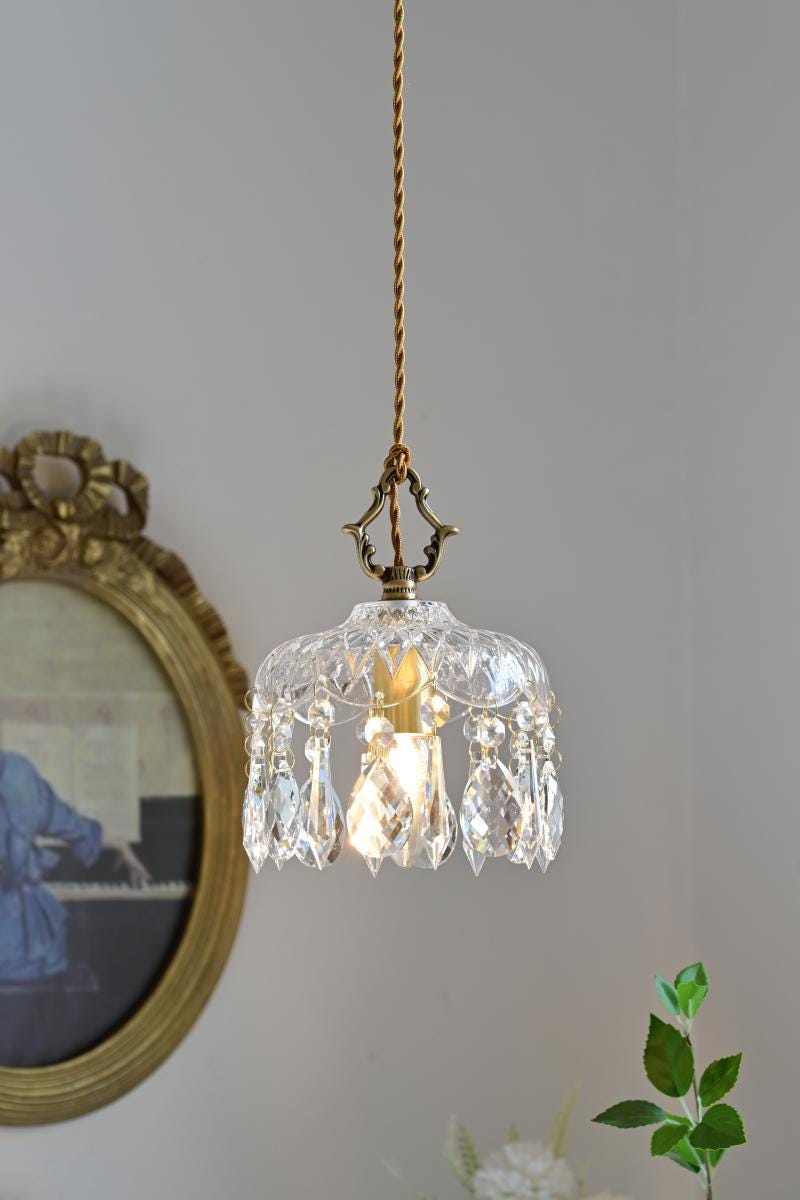 Handcrafted Vintage Crystal Pendant Light with Drops-Brass Finish Handing Lamp,Elegant Antique-style Chandelier  for dining room, bedroom,