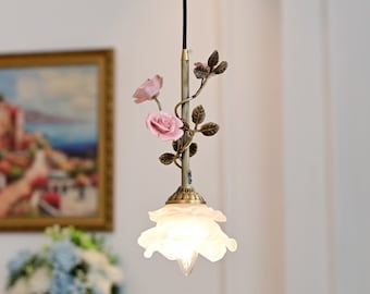 Floral Glass Pendant Light with Ceramic Roses - Vintage Style
