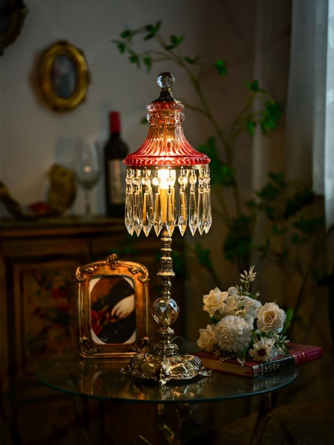 Vintage Victorian Table Lamp: Red Glass Shade, Crystal Prisms, Ornate Gold Base - Etsy