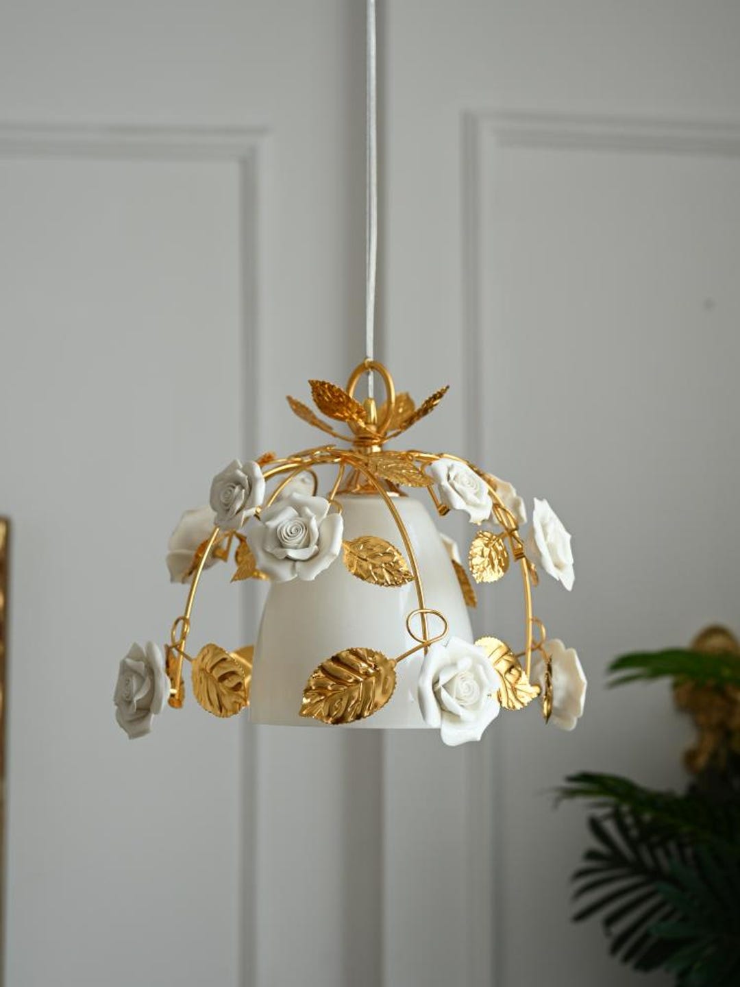 Vintage Floral Chandelier: Ceramic Roses & Gold Leaves Pendant Light ...
