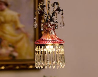 Retro Vintage Glass Chandelier with Crystal drops, timeless handcrafted Pendant light with brass finish,Pink Color Hanging light for bedside