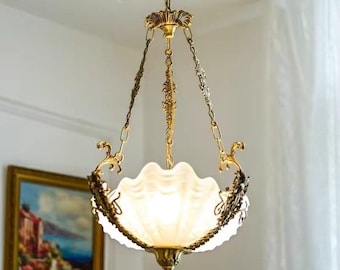 Antique Vintage-Inspired Chandelier with  Frosted Scalloped Glass Shade-elegant French -Style Hanging Light,Pandent Light,Ceiling Light
