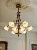 Vintage-Inspired Floral Chandelier: Ornate Bronze Pendant Light with Frosted Glass