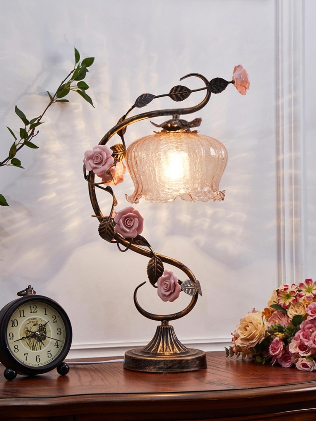 Vintage Floral Table Lamp: Romantic Rose Bedside Light, Antique