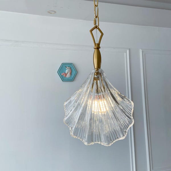 Vintage Ribbed Glass Pendant Light, Scalloped Shade