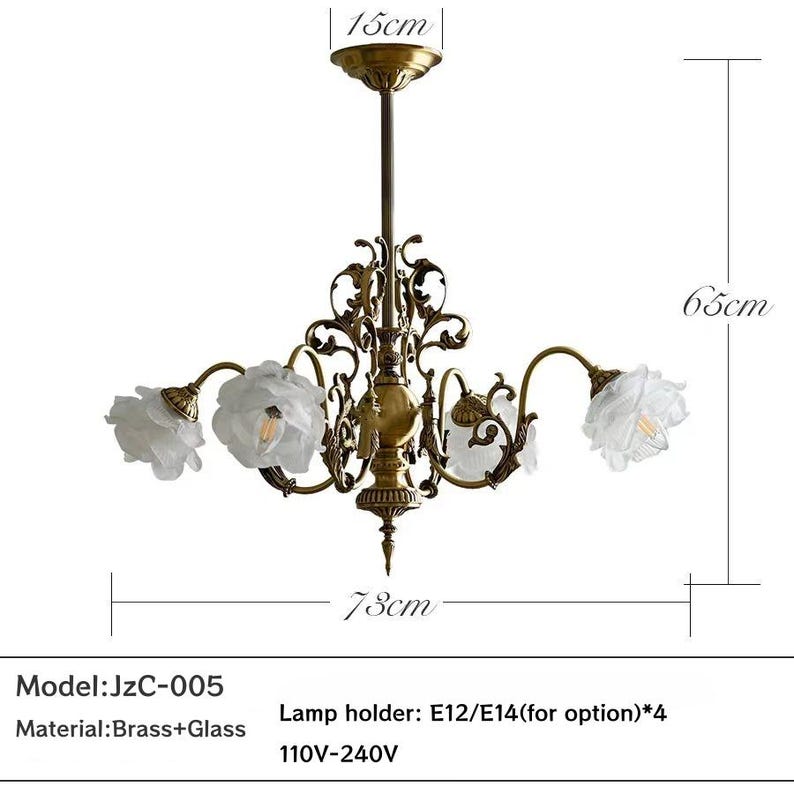 Vintage Inspired Floral Bronze Chandelier: Frosted Rose Glass Shade, Elegant Lighting image 5