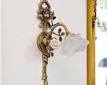 Vintage Floral Wall Sconce: Frosted Glass Flower Shade, Ceramic Rose Detail