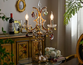 Lampa stołowa z kryształami w stylu vintage, antyczne złoto, ręcznie dmuchane szkło, dekoracja owocowa