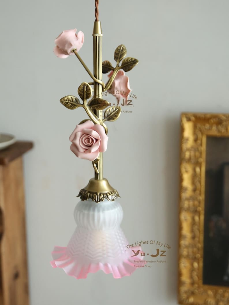 Floral Glass Pendant Light With Ceramic Roses - Vintage Style - Etsy