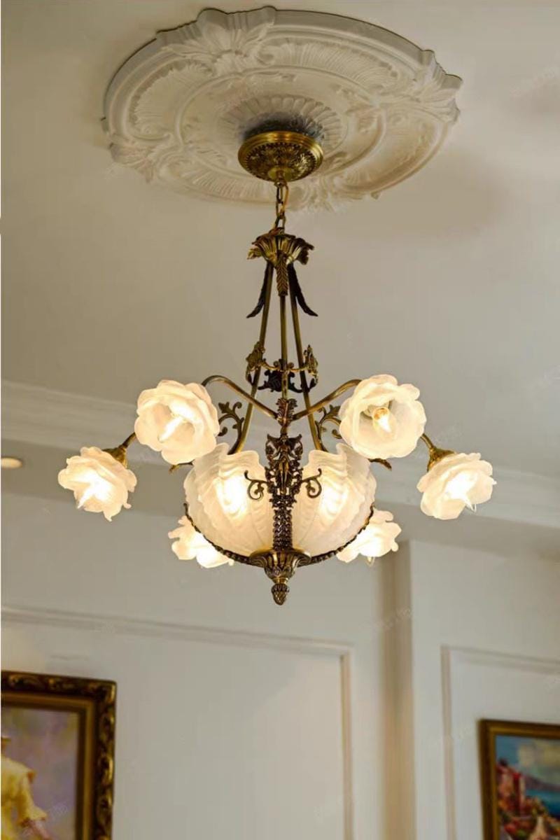 Vintage Floral Chandelier: Ornate Bronze Pendant Light with Frosted Glass