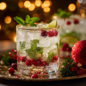 May include: A refreshing cocktail in a clear glass with a gold rim, filled with ice, cranberries, and mint. A lime wedge and sprig of mint garnish the top. The drink sits on a silver tray with a red ornament and festive greenery.