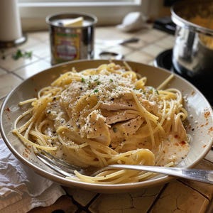 May include: A close-up of a bowl of spaghetti with creamy sauce, shredded chicken, and grated cheese. The pasta is garnished with black pepper. A fork rests in the bowl. A can of butter and a pot are in the background.
