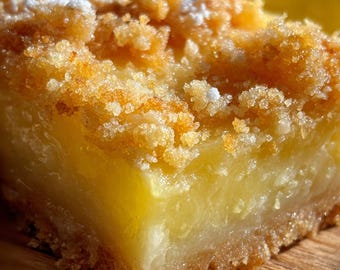 May include: Close-up of a lemon bar with a buttery, crumbly topping dusted with powdered sugar. The filling is a bright yellow, and the crust is golden brown. A slice of lemon is visible in the background. A delicious dessert.